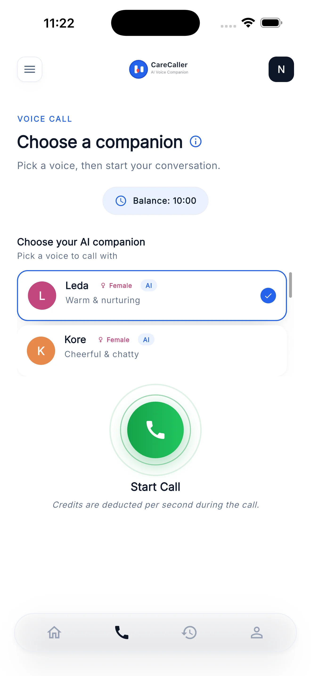 Choosing a voice companion in the CareCaller app