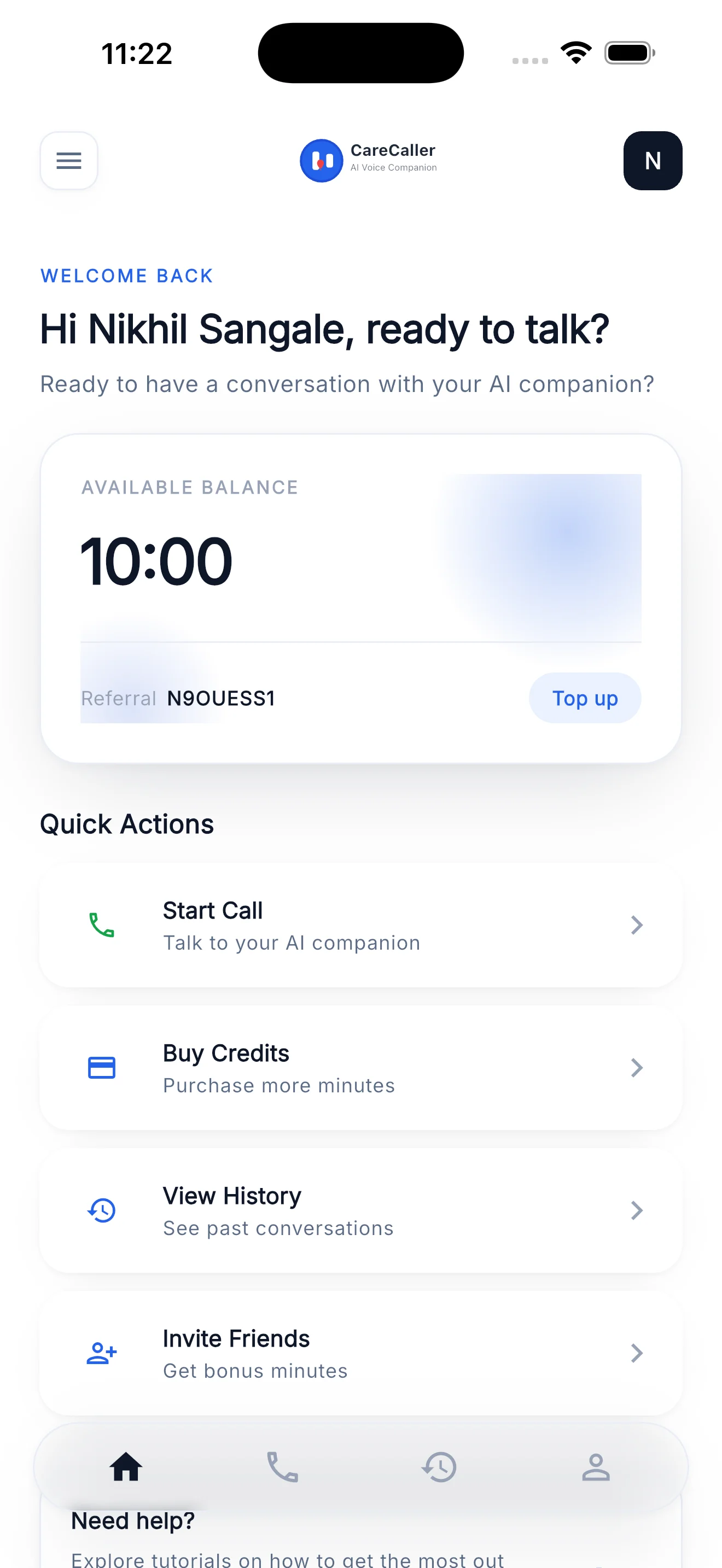 CareCaller home screen showing the call balance